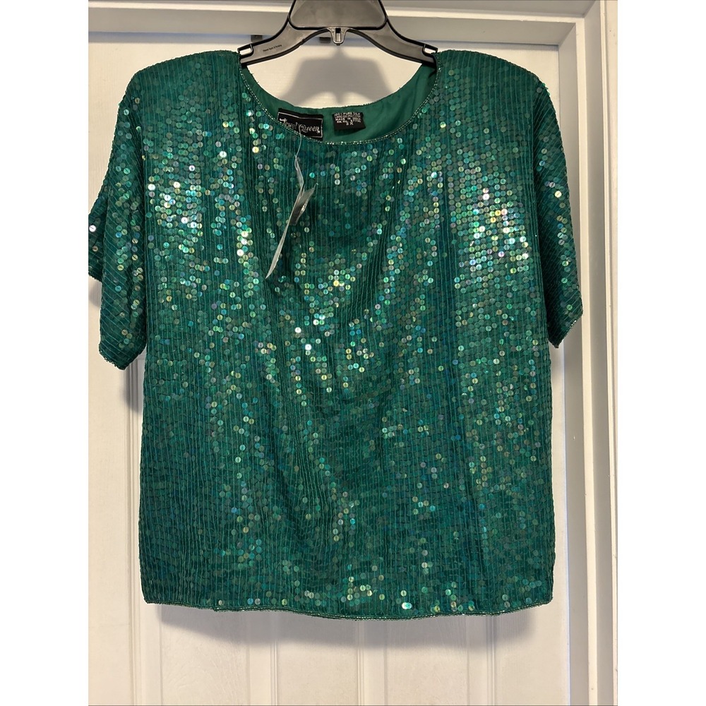 Vtg Jewel Queen Sequined 100% Silk Boxy Top 80s 90s SIZE 2X Holiday Green New
